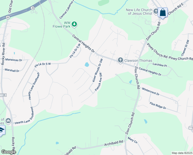 map of restaurants, bars, coffee shops, grocery stores, and more near 4243 Kiser Woods Drive Southwest in Concord