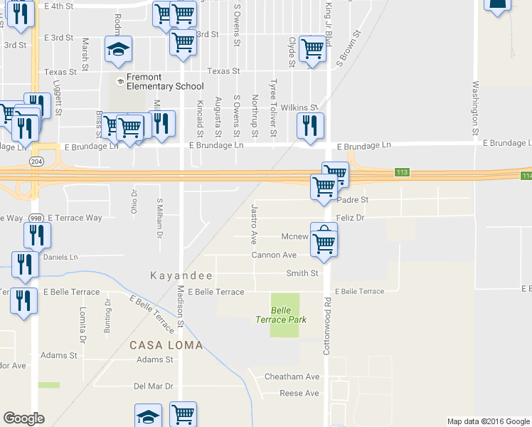 map of restaurants, bars, coffee shops, grocery stores, and more near 1012 Feliz Drive in Bakersfield