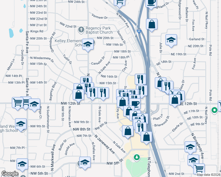 map of restaurants, bars, coffee shops, grocery stores, and more near 1413 Lawton Avenue in Moore