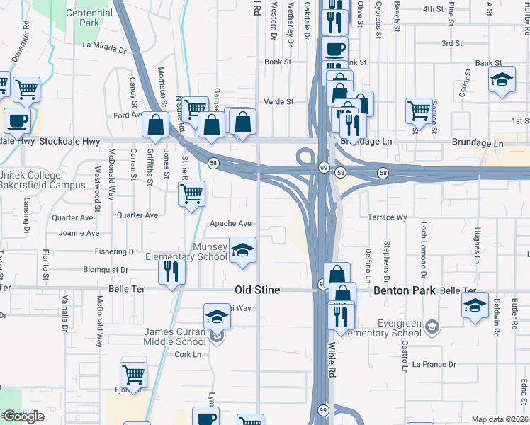 map of restaurants, bars, coffee shops, grocery stores, and more near 3516 Terrace Way in Bakersfield