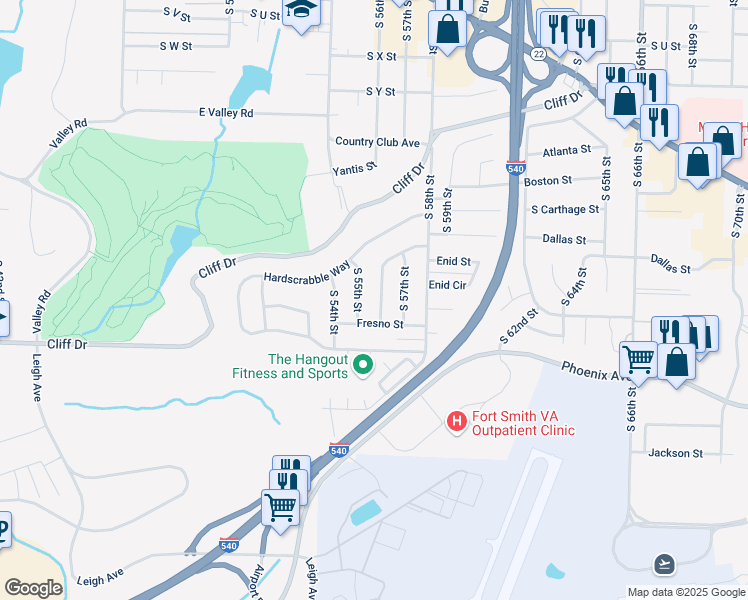 map of restaurants, bars, coffee shops, grocery stores, and more near 3208 South 56th Street in Fort Smith