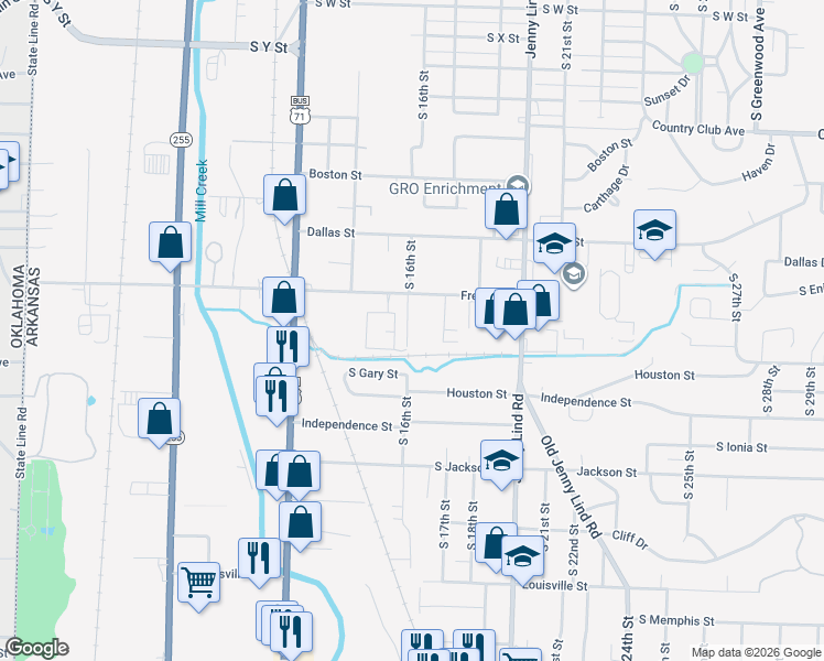 map of restaurants, bars, coffee shops, grocery stores, and more near 3613 South 16th Street in Fort Smith