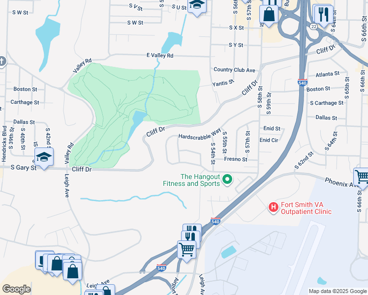 map of restaurants, bars, coffee shops, grocery stores, and more near 5105 Fresno Street in Fort Smith