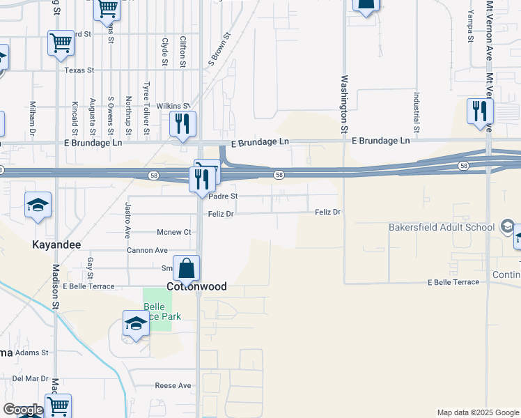 map of restaurants, bars, coffee shops, grocery stores, and more near 1714 Feliz Drive in Bakersfield