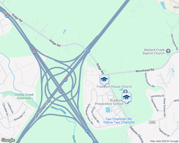 map of restaurants, bars, coffee shops, grocery stores, and more near Jeff Gordon Expressway in Charlotte