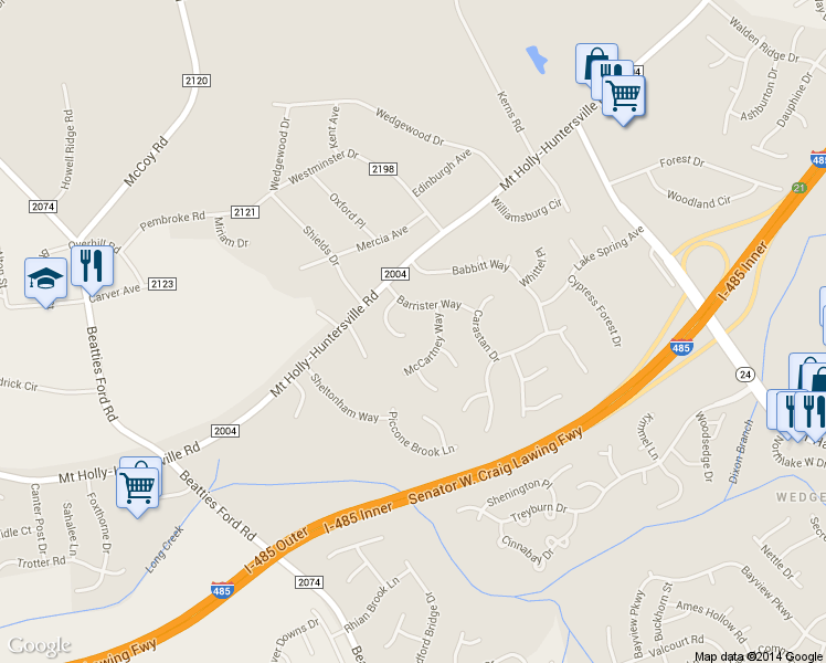 map of restaurants, bars, coffee shops, grocery stores, and more near 8900 Steinbeck Court in Charlotte