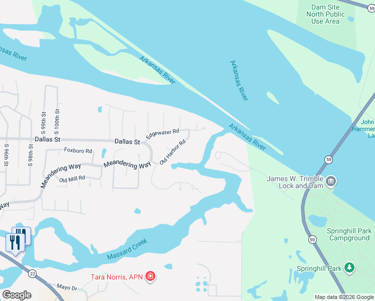 map of restaurants, bars, coffee shops, grocery stores, and more near 10804 Old Harbor Road in Fort Smith