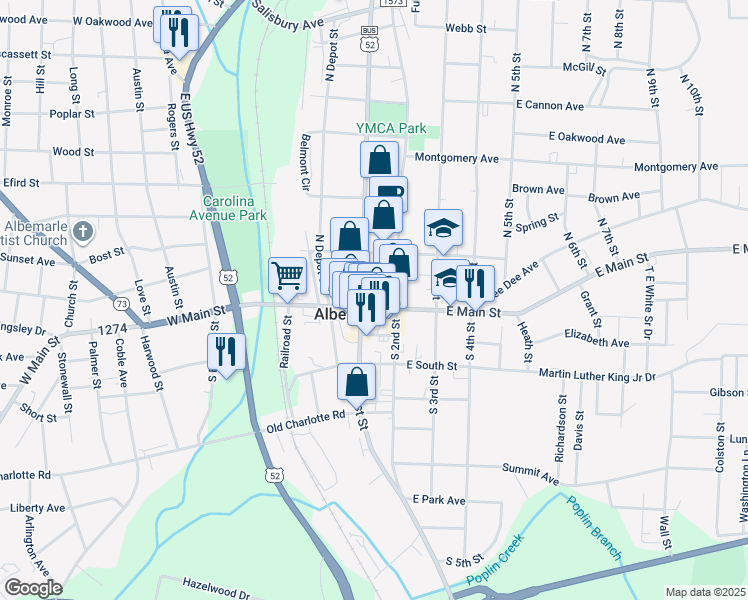 map of restaurants, bars, coffee shops, grocery stores, and more near 142 West Main Street in Albemarle