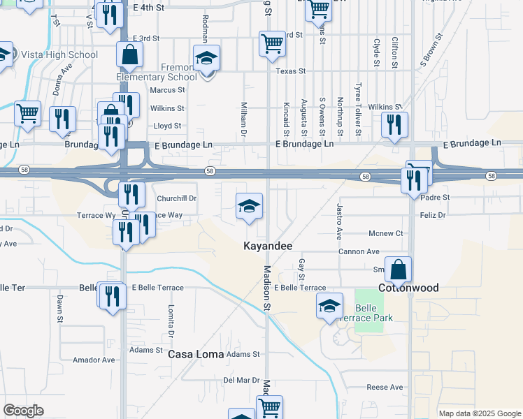 map of restaurants, bars, coffee shops, grocery stores, and more near 214 Madison Street in Bakersfield