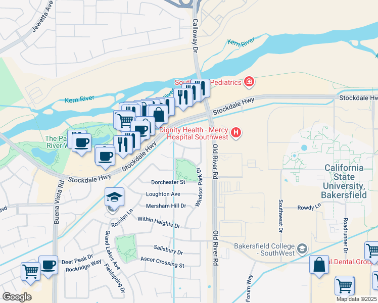 map of restaurants, bars, coffee shops, grocery stores, and more near 10217 Brentford Avenue in Bakersfield