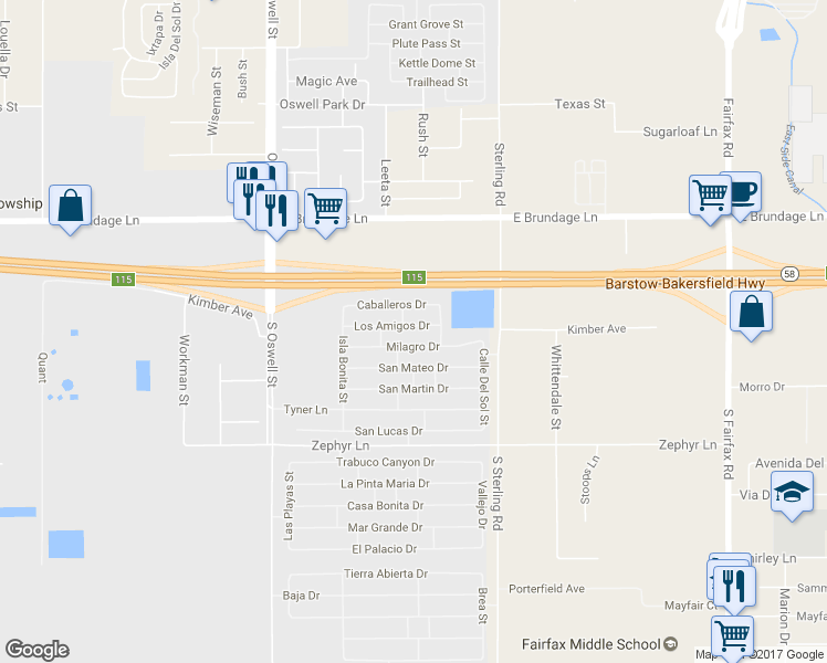 map of restaurants, bars, coffee shops, grocery stores, and more near 5411 Los Amigos Drive in Bakersfield