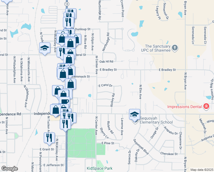 map of restaurants, bars, coffee shops, grocery stores, and more near 1217 East Carol Drive in Shawnee