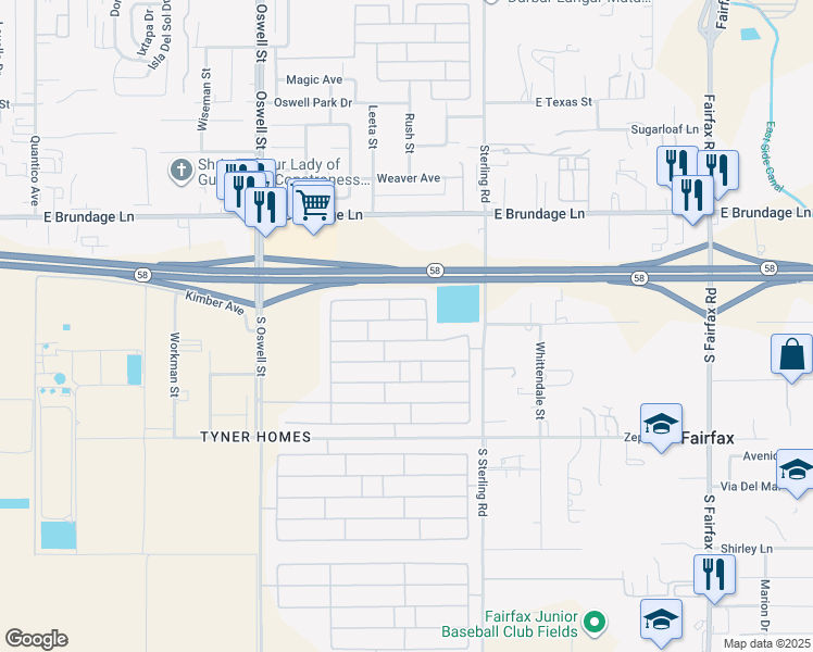 map of restaurants, bars, coffee shops, grocery stores, and more near 5415 Los Amigos Drive in Bakersfield
