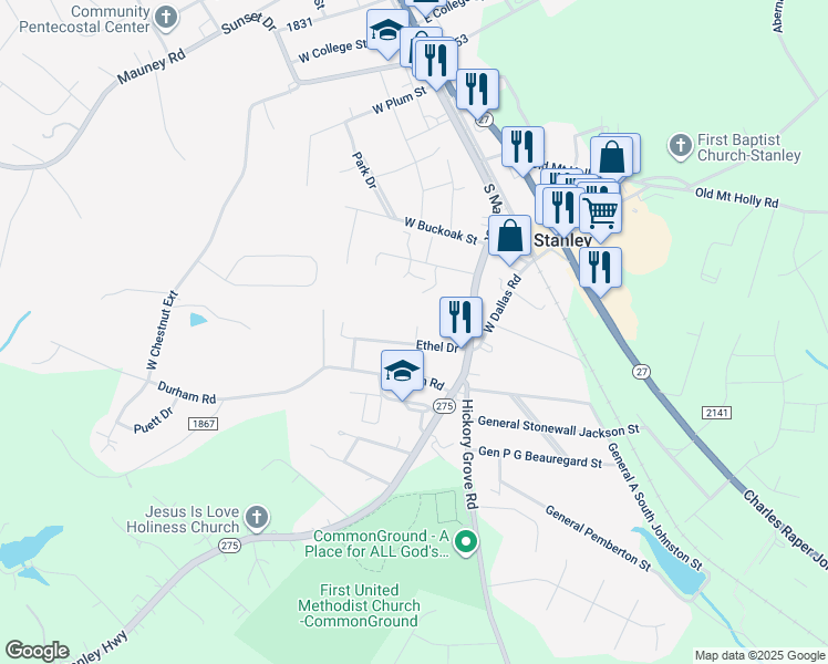 map of restaurants, bars, coffee shops, grocery stores, and more near 116 Ethel Drive in Stanley