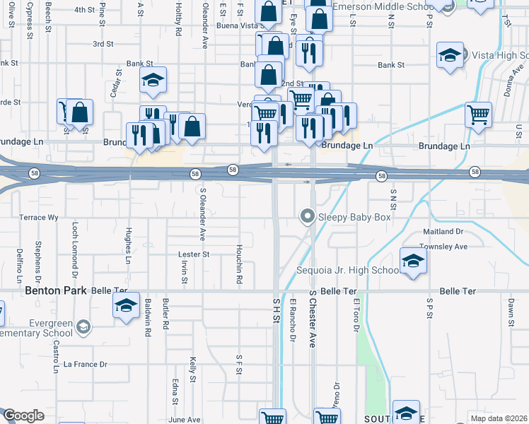 map of restaurants, bars, coffee shops, grocery stores, and more near in Bakersfield