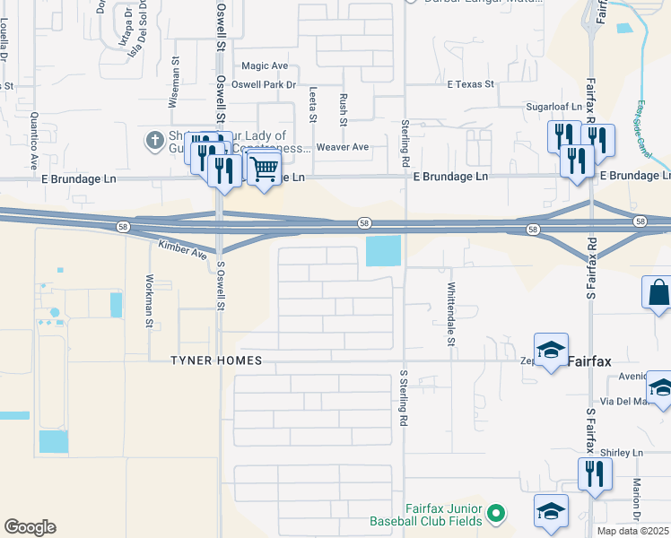 map of restaurants, bars, coffee shops, grocery stores, and more near 5411 Los Amigos Drive in Bakersfield