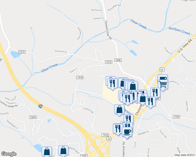 map of restaurants, bars, coffee shops, grocery stores, and more near 5 Red Apple Drive in Hendersonville