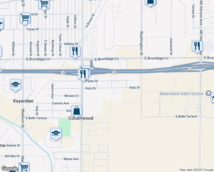 map of restaurants, bars, coffee shops, grocery stores, and more near 1714 Feliz Drive in Bakersfield
