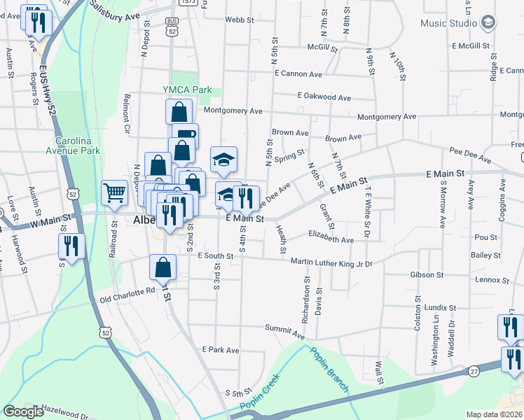 map of restaurants, bars, coffee shops, grocery stores, and more near 350 Pee Dee Avenue in Albemarle