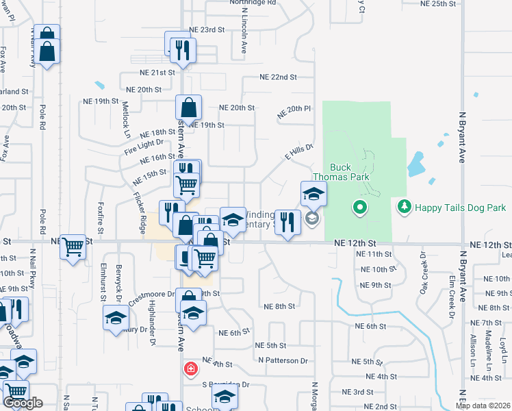 map of restaurants, bars, coffee shops, grocery stores, and more near 1412 Old Mill Road in Moore