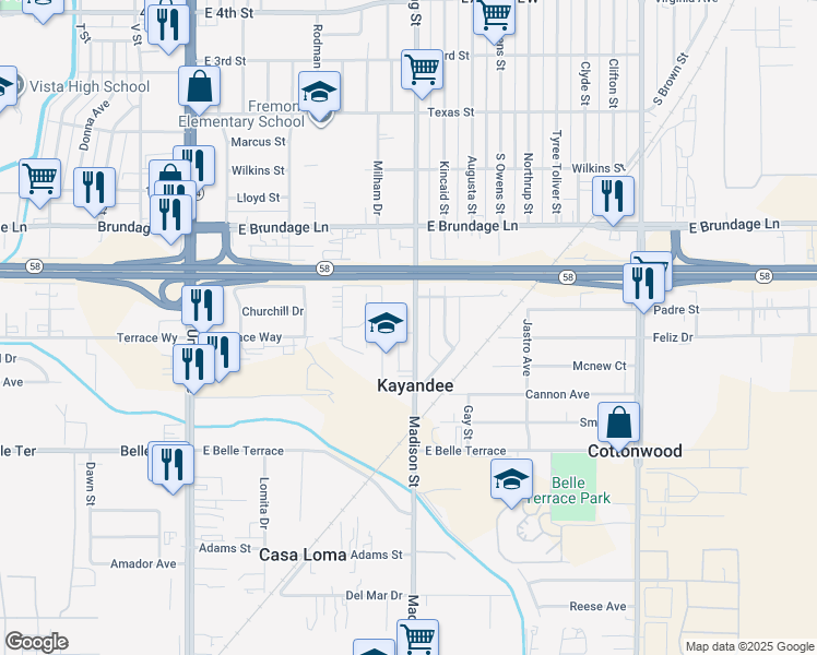 map of restaurants, bars, coffee shops, grocery stores, and more near 214 Madison Street in Bakersfield