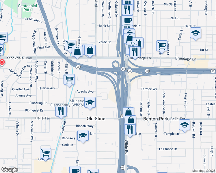 map of restaurants, bars, coffee shops, grocery stores, and more near 3404 Terrace Way in Bakersfield