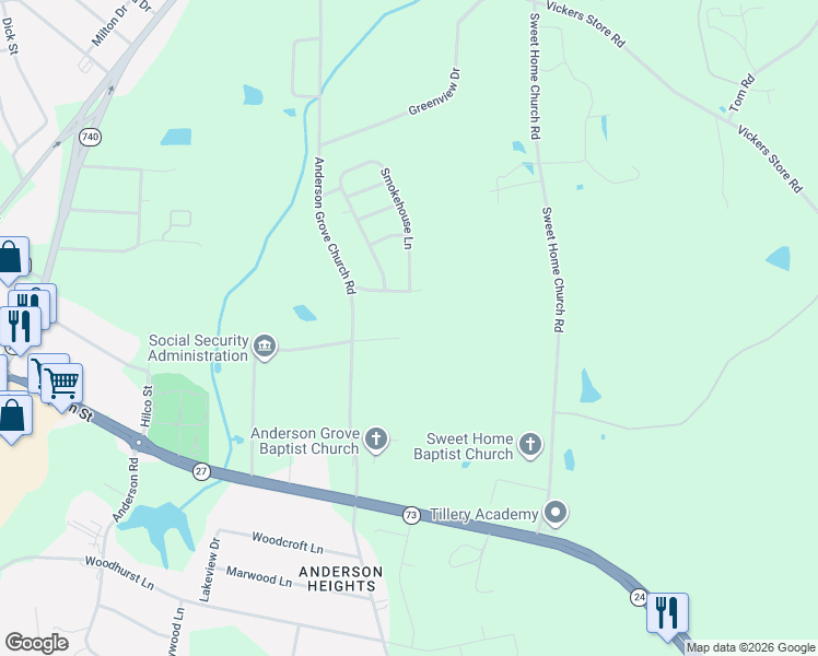 map of restaurants, bars, coffee shops, grocery stores, and more near 2225 Fairfield Court in Albemarle