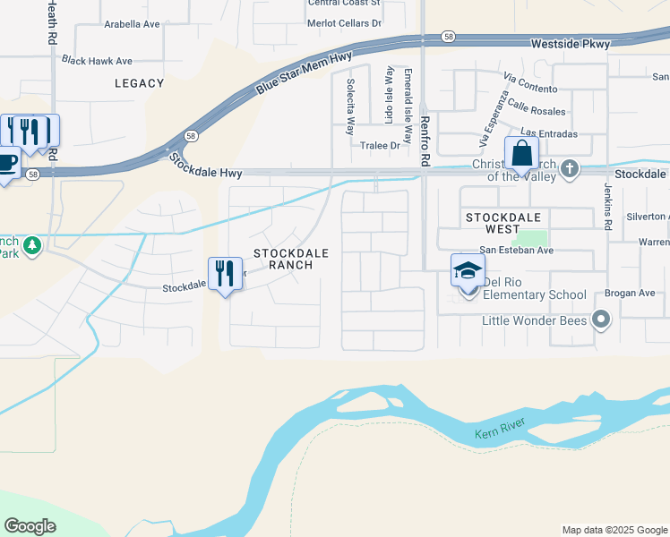 map of restaurants, bars, coffee shops, grocery stores, and more near 317 White Alder Drive in Bakersfield