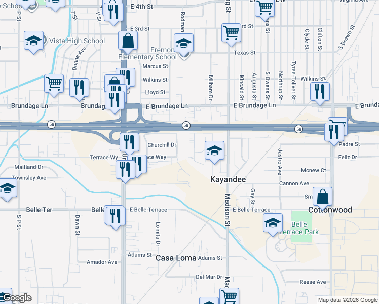 map of restaurants, bars, coffee shops, grocery stores, and more near 310 Ohio Drive in Bakersfield