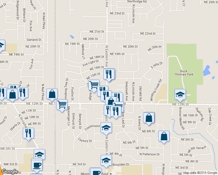 map of restaurants, bars, coffee shops, grocery stores, and more near 1336 North Eastern Avenue in Moore