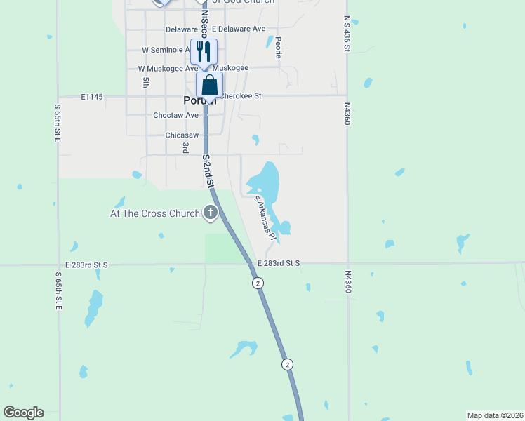 map of restaurants, bars, coffee shops, grocery stores, and more near South Arkansas Place in Porum