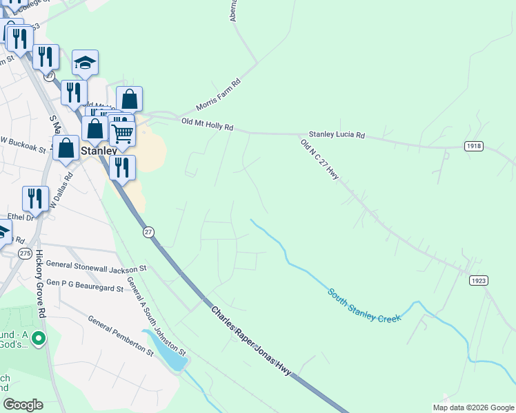 map of restaurants, bars, coffee shops, grocery stores, and more near 115 Springwood Lane in Stanley