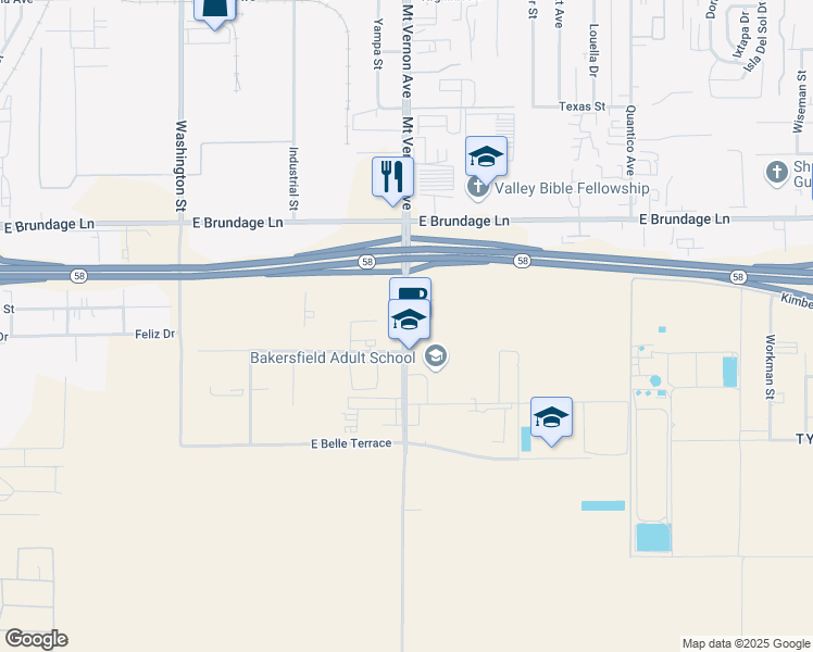 map of restaurants, bars, coffee shops, grocery stores, and more near 520 South Mount Vernon Avenue in Bakersfield
