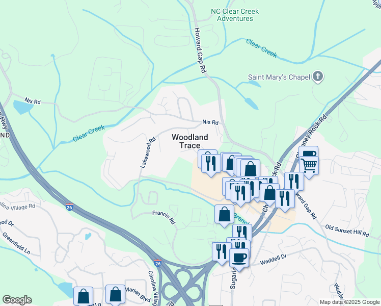 map of restaurants, bars, coffee shops, grocery stores, and more near 5 Red Apple Drive in Hendersonville