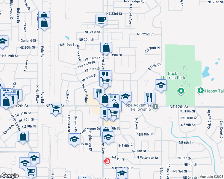 map of restaurants, bars, coffee shops, grocery stores, and more near 1336 North Eastern Avenue in Moore