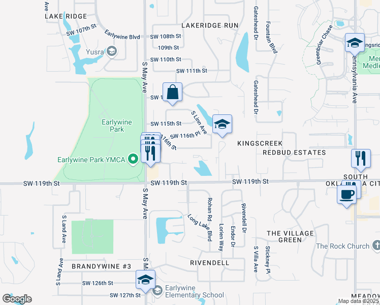 map of restaurants, bars, coffee shops, grocery stores, and more near 2720 Southwest 116th Street in Oklahoma City
