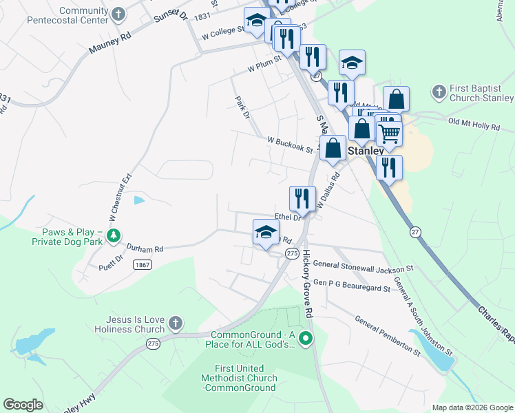 map of restaurants, bars, coffee shops, grocery stores, and more near 140 Ethel Drive in Stanley