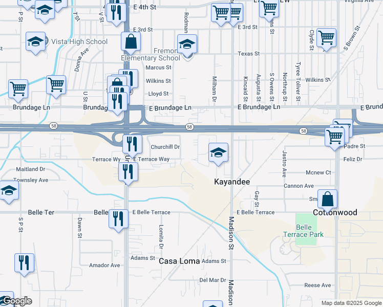 map of restaurants, bars, coffee shops, grocery stores, and more near 310 Ohio Drive in Bakersfield