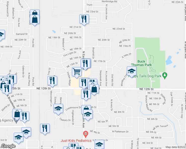 map of restaurants, bars, coffee shops, grocery stores, and more near 902 Delmar Circle in Moore