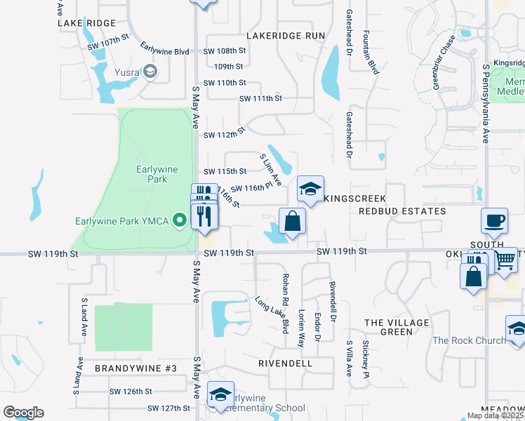 map of restaurants, bars, coffee shops, grocery stores, and more near 2720 Southwest 116th Street in Oklahoma City