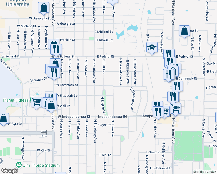 map of restaurants, bars, coffee shops, grocery stores, and more near 1722 North Union Avenue in Shawnee