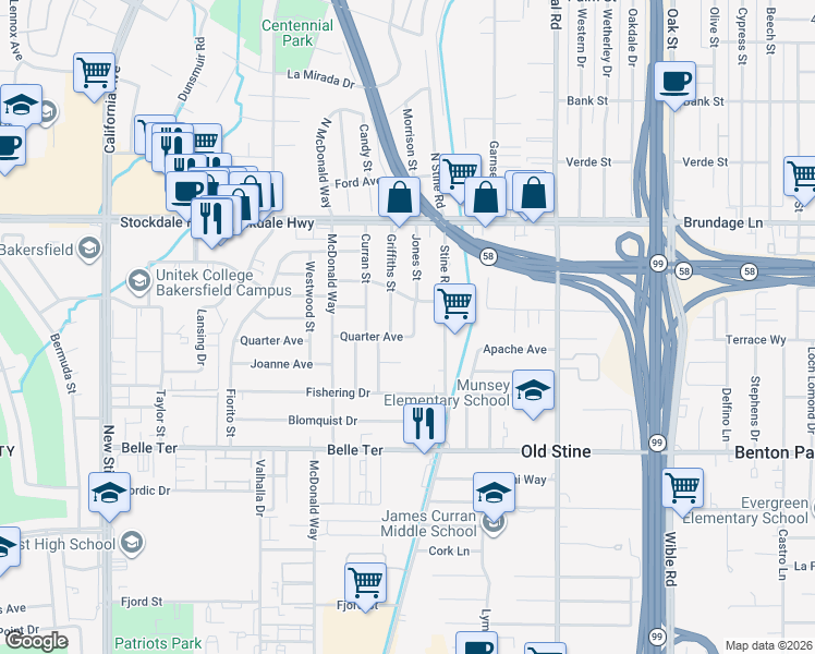map of restaurants, bars, coffee shops, grocery stores, and more near 305 Jones Street in Bakersfield