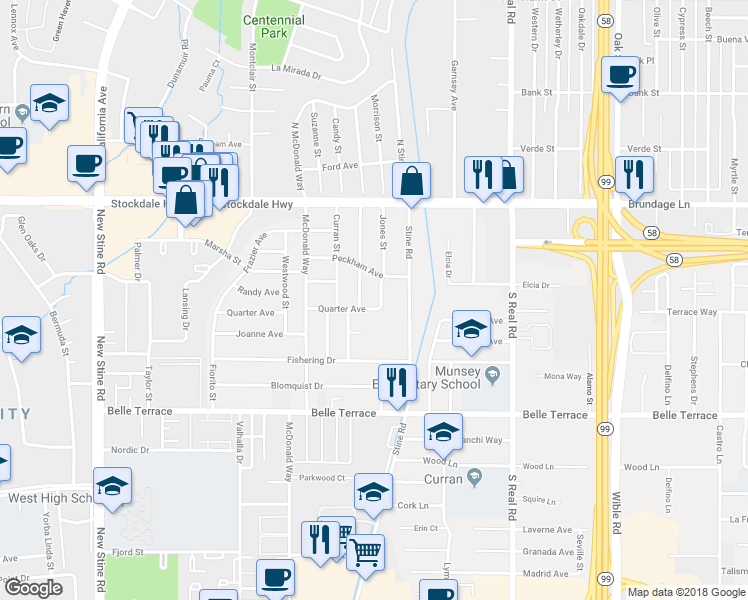 map of restaurants, bars, coffee shops, grocery stores, and more near 305 Jones Street in Bakersfield