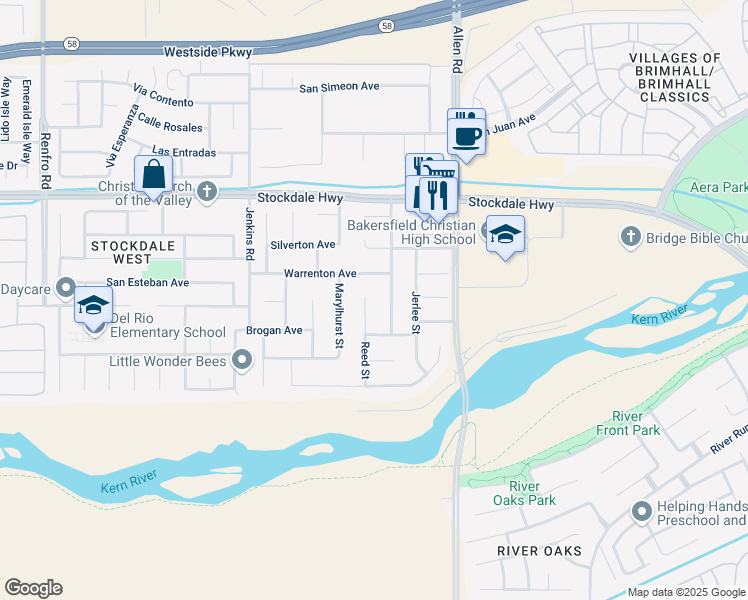 map of restaurants, bars, coffee shops, grocery stores, and more near 505 Reed Street in Bakersfield
