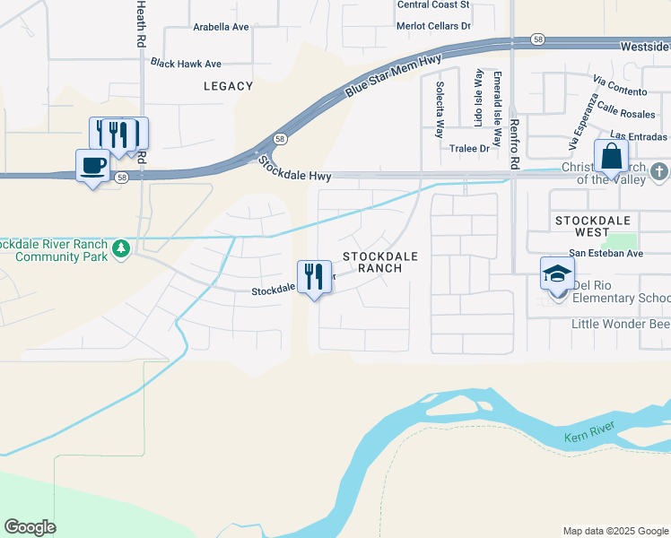 map of restaurants, bars, coffee shops, grocery stores, and more near 15215 Northampton Avenue in Bakersfield