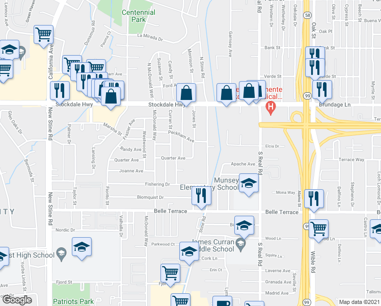map of restaurants, bars, coffee shops, grocery stores, and more near 305 Jones Street in Bakersfield