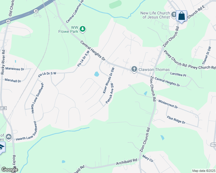 map of restaurants, bars, coffee shops, grocery stores, and more near 4239 Kiser Woods Drive Southwest in Concord