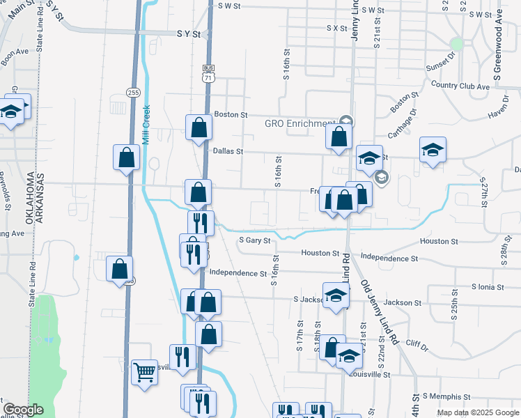 map of restaurants, bars, coffee shops, grocery stores, and more near 1500 Fresno Street in Fort Smith