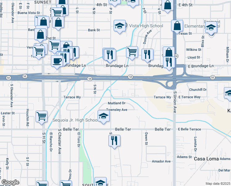 map of restaurants, bars, coffee shops, grocery stores, and more near 720 Terrace Way in Bakersfield