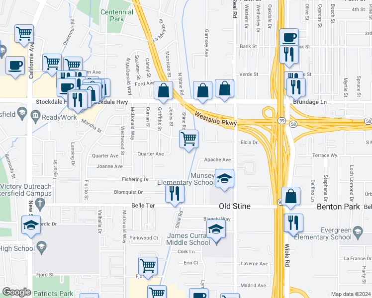 map of restaurants, bars, coffee shops, grocery stores, and more near 240 Stine Road in Bakersfield